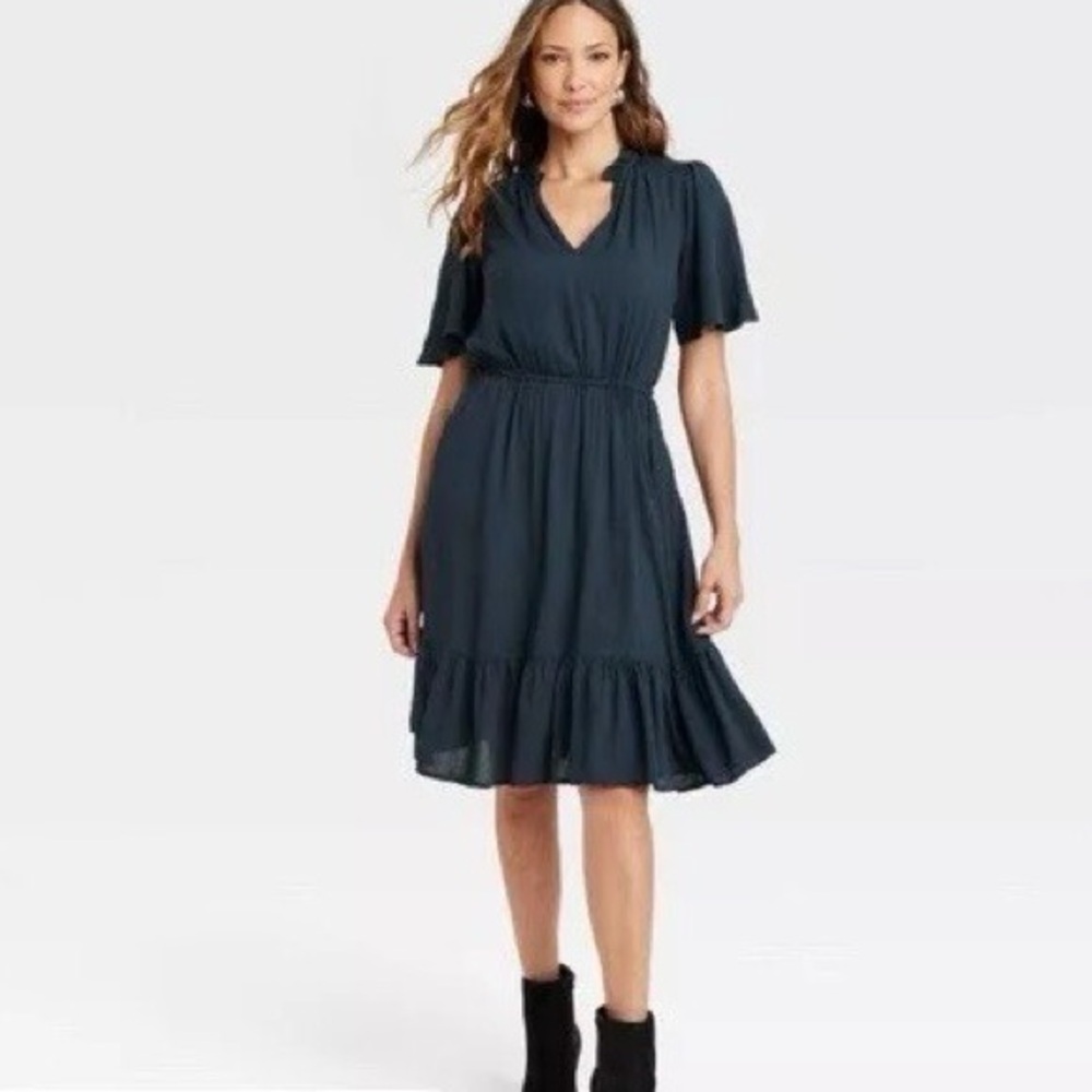 KNOX ROSE Tiered Short Sleeve Dark Navy Blue Gauze Midi Dress